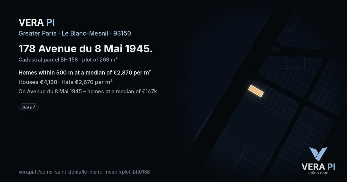 178 Avenue du 8 Mai 1945, Le Blanc-Mesnil at night – the plot lit, the parcels around coloured by the prices near them