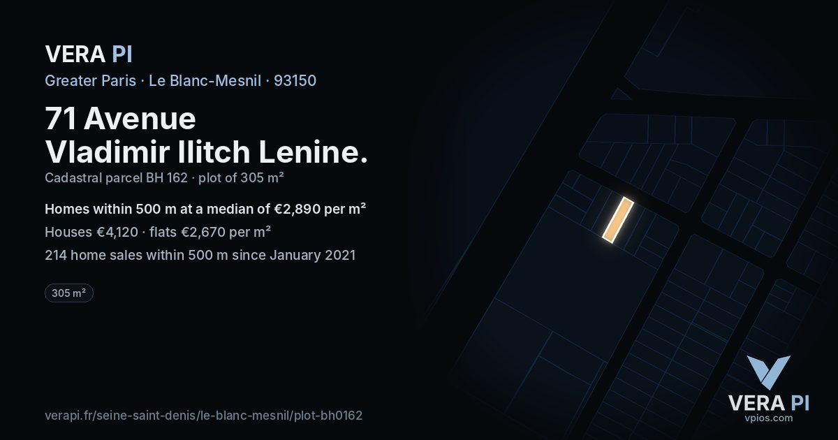 71 Avenue Vladimir Ilitch Lenine, Le Blanc-Mesnil at night – the plot lit, the parcels around coloured by the prices near them