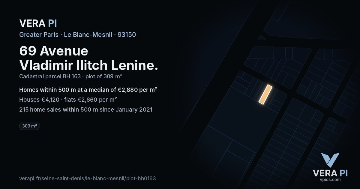 69 Avenue Vladimir Ilitch Lenine, Le Blanc-Mesnil at night – the plot lit, the parcels around coloured by the prices near them
