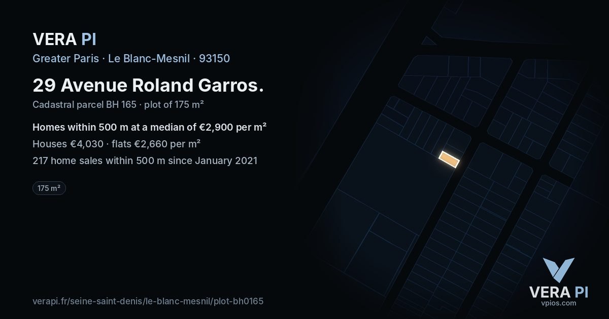 29 Avenue Roland Garros, Le Blanc-Mesnil at night – the plot lit, the parcels around coloured by the prices near them