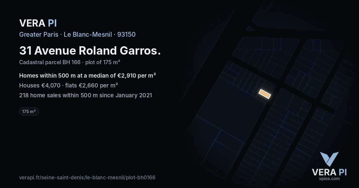 31 Avenue Roland Garros, Le Blanc-Mesnil at night – the plot lit, the parcels around coloured by the prices near them