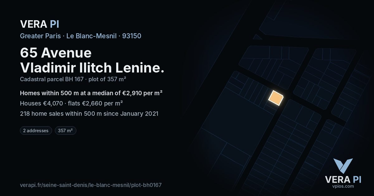 65 Avenue Vladimir Ilitch Lenine, Le Blanc-Mesnil at night – the plot lit, the parcels around coloured by the prices near them
