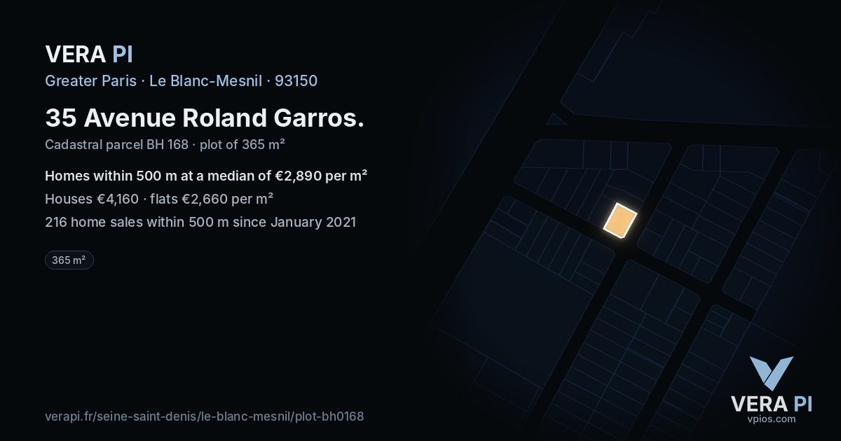 35 Avenue Roland Garros, Le Blanc-Mesnil at night – the plot lit, the parcels around coloured by the prices near them