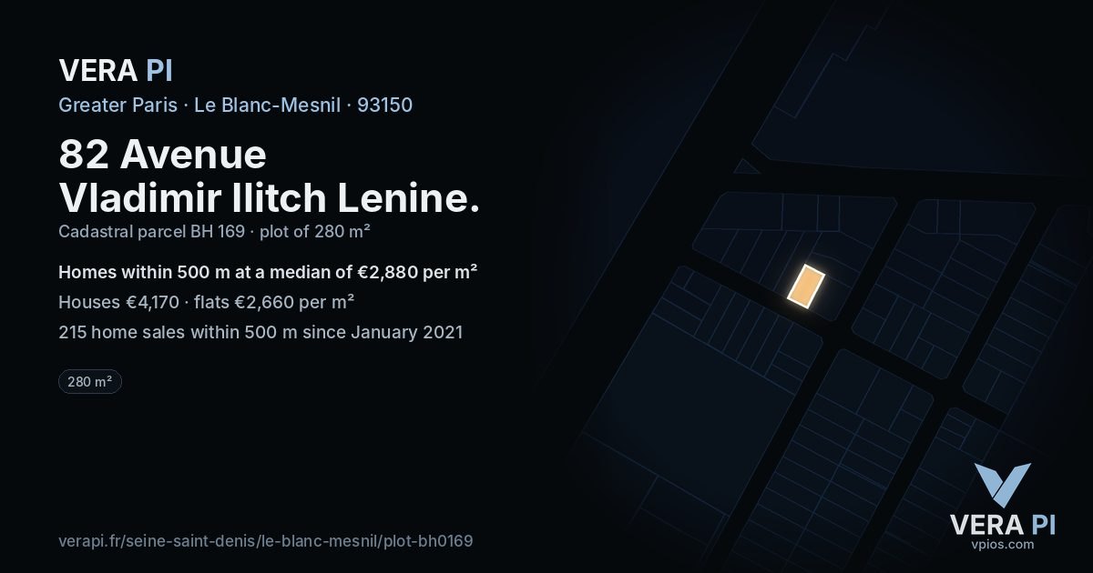 82 Avenue Vladimir Ilitch Lenine, Le Blanc-Mesnil at night – the plot lit, the parcels around coloured by the prices near them
