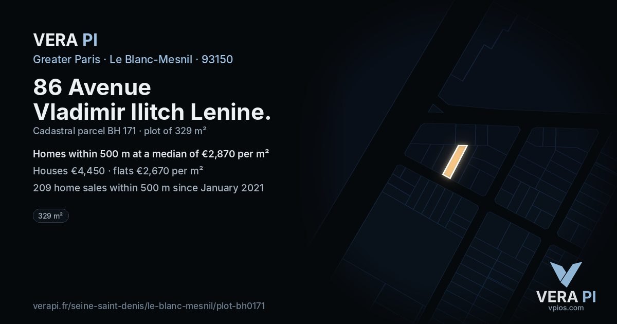 86 Avenue Vladimir Ilitch Lenine, Le Blanc-Mesnil at night – the plot lit, the parcels around coloured by the prices near them
