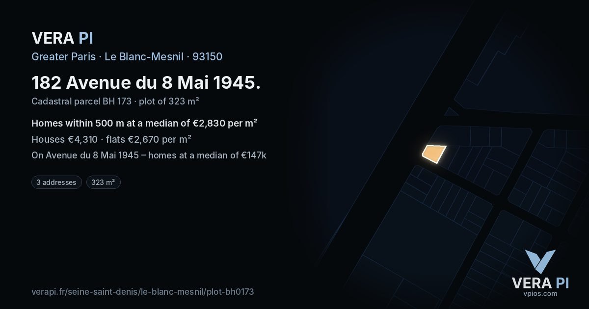 182 Avenue du 8 Mai 1945, Le Blanc-Mesnil at night – the plot lit, the parcels around coloured by the prices near them