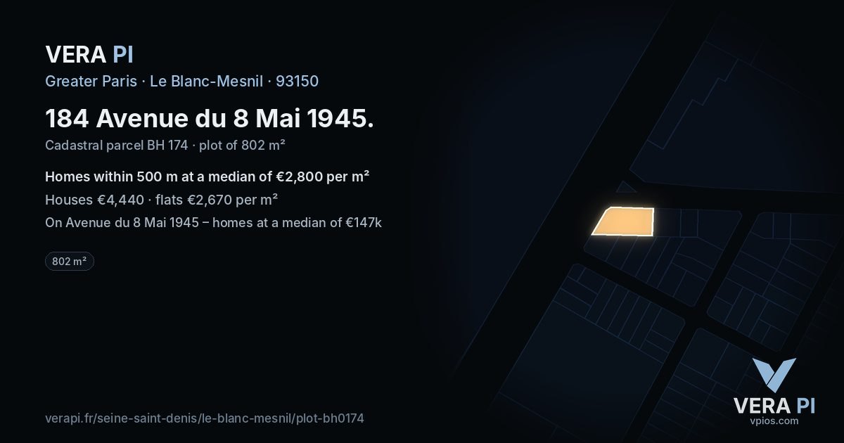 184 Avenue du 8 Mai 1945, Le Blanc-Mesnil at night – the plot lit, the parcels around coloured by the prices near them