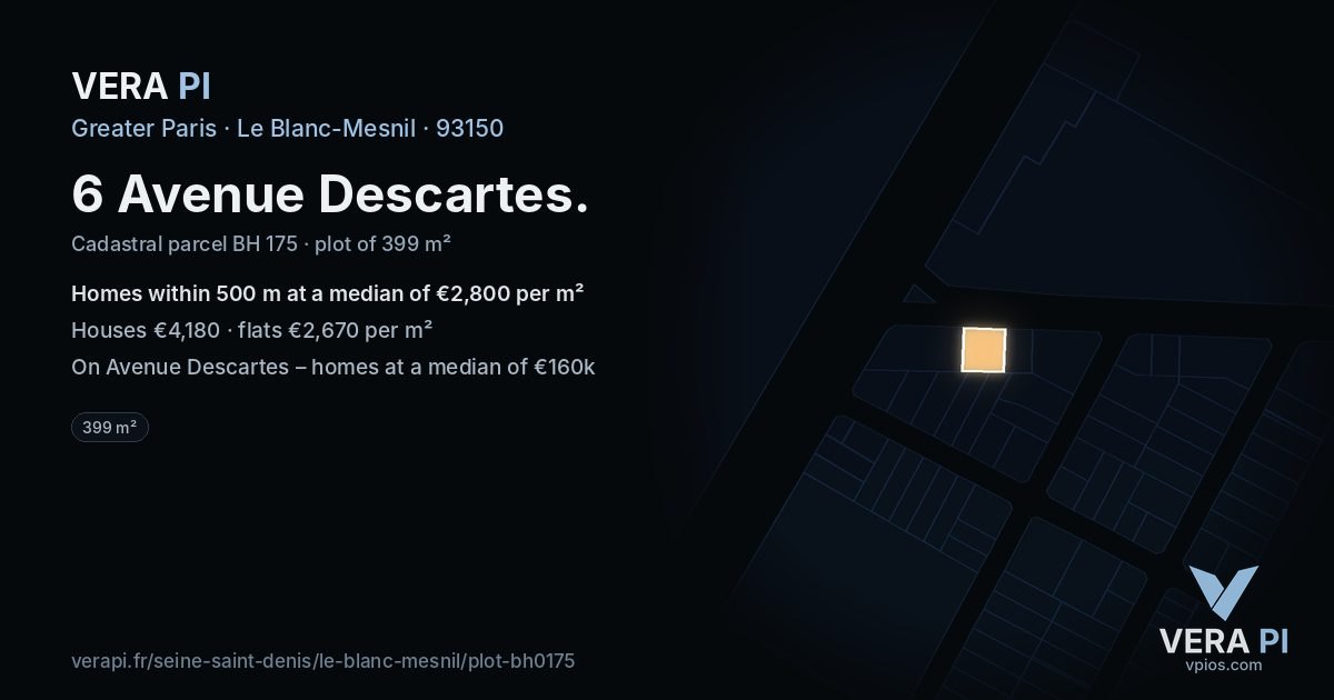 6 Avenue Descartes, Le Blanc-Mesnil at night – the plot lit, the parcels around coloured by the prices near them