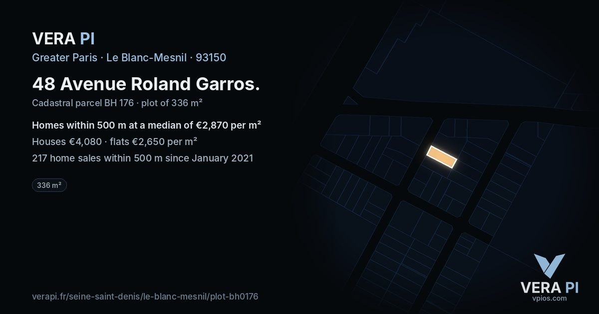 48 Avenue Roland Garros, Le Blanc-Mesnil at night – the plot lit, the parcels around coloured by the prices near them