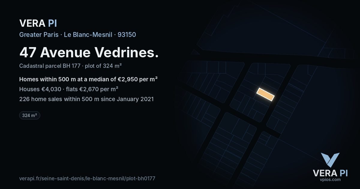47 Avenue Vedrines, Le Blanc-Mesnil at night – the plot lit, the parcels around coloured by the prices near them