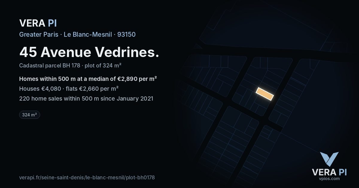 45 Avenue Vedrines, Le Blanc-Mesnil at night – the plot lit, the parcels around coloured by the prices near them
