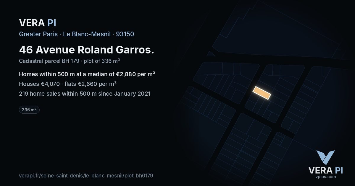 46 Avenue Roland Garros, Le Blanc-Mesnil at night – the plot lit, the parcels around coloured by the prices near them
