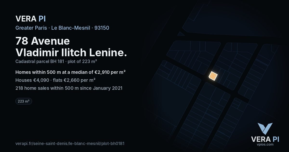 78 Avenue Vladimir Ilitch Lenine, Le Blanc-Mesnil at night – the plot lit, the parcels around coloured by the prices near them