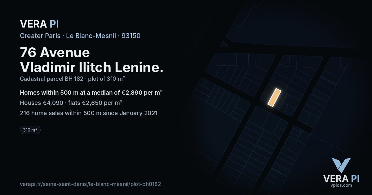 76 Avenue Vladimir Ilitch Lenine, Le Blanc-Mesnil at night – the plot lit, the parcels around coloured by the prices near them