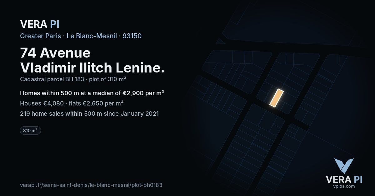 74 Avenue Vladimir Ilitch Lenine, Le Blanc-Mesnil at night – the plot lit, the parcels around coloured by the prices near them