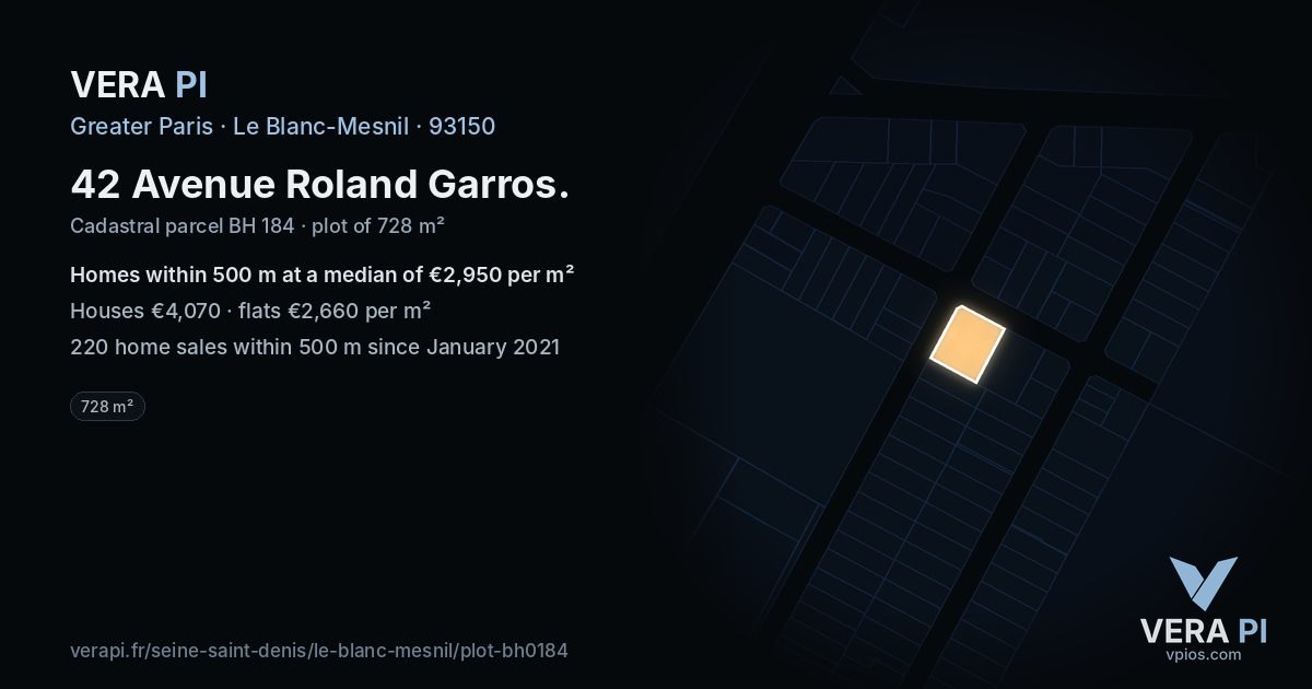 42 Avenue Roland Garros, Le Blanc-Mesnil at night – the plot lit, the parcels around coloured by the prices near them