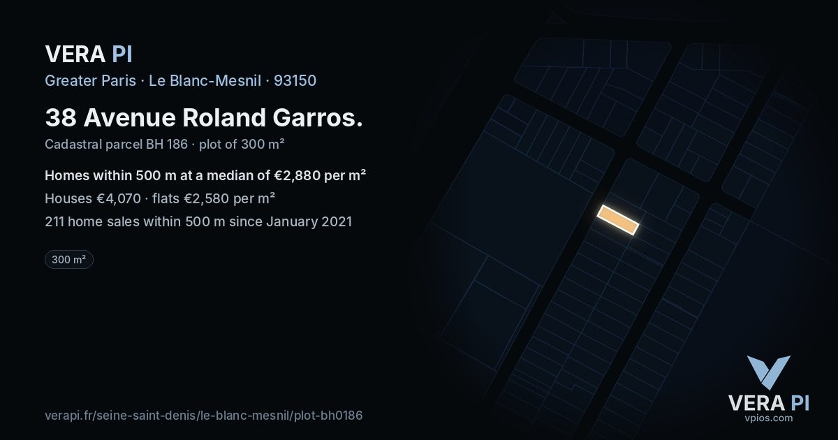 38 Avenue Roland Garros, Le Blanc-Mesnil at night – the plot lit, the parcels around coloured by the prices near them