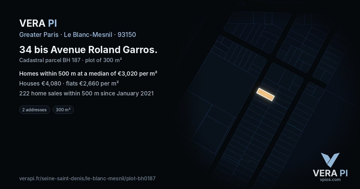 34 bis Avenue Roland Garros, Le Blanc-Mesnil at night – the plot lit, the parcels around coloured by the prices near them