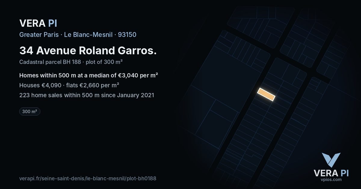 34 Avenue Roland Garros, Le Blanc-Mesnil at night – the plot lit, the parcels around coloured by the prices near them