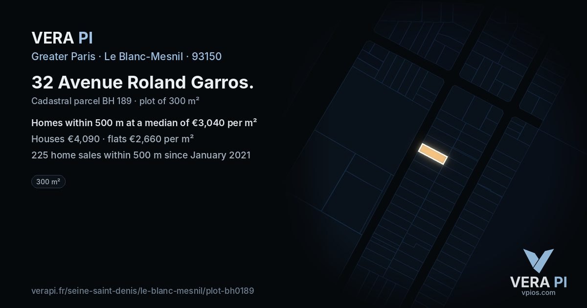 32 Avenue Roland Garros, Le Blanc-Mesnil at night – the plot lit, the parcels around coloured by the prices near them