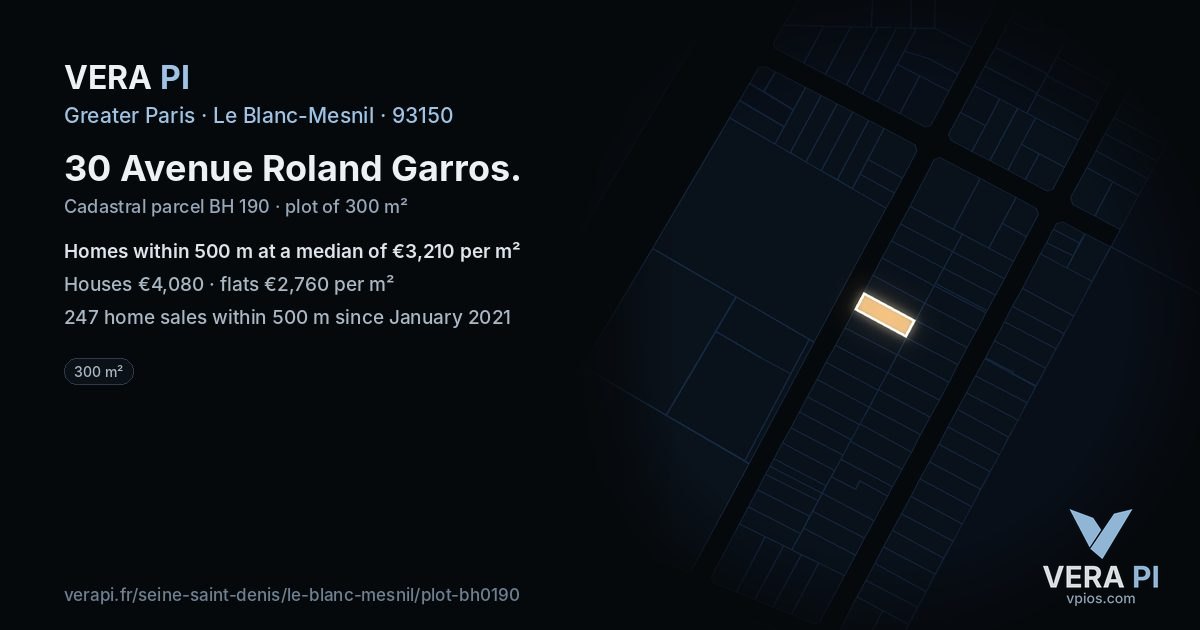 30 Avenue Roland Garros, Le Blanc-Mesnil at night – the plot lit, the parcels around coloured by the prices near them