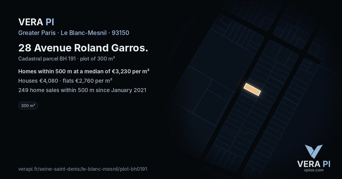 28 Avenue Roland Garros, Le Blanc-Mesnil at night – the plot lit, the parcels around coloured by the prices near them