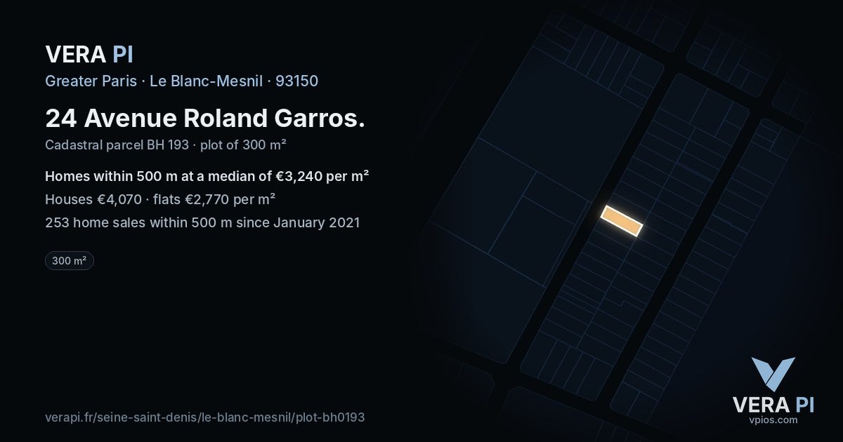 24 Avenue Roland Garros, Le Blanc-Mesnil at night – the plot lit, the parcels around coloured by the prices near them