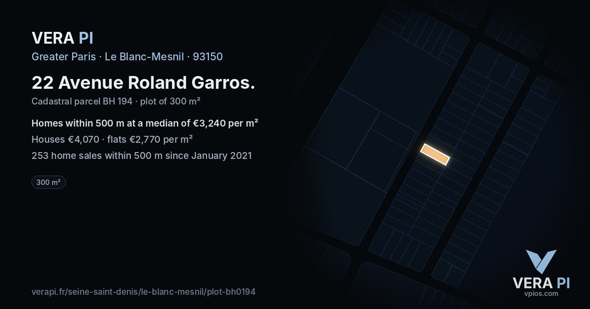 22 Avenue Roland Garros, Le Blanc-Mesnil at night – the plot lit, the parcels around coloured by the prices near them