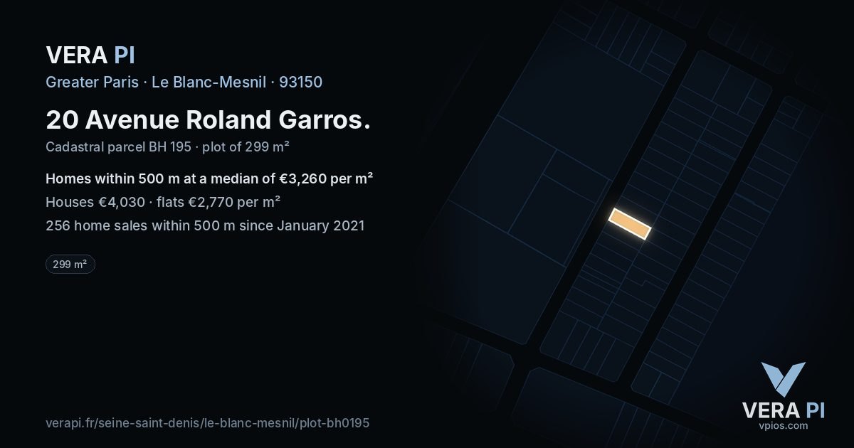 20 Avenue Roland Garros, Le Blanc-Mesnil at night – the plot lit, the parcels around coloured by the prices near them