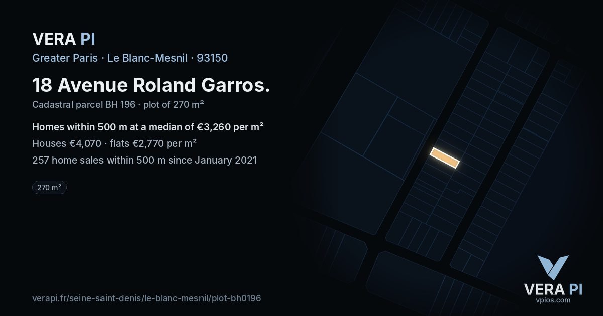 18 Avenue Roland Garros, Le Blanc-Mesnil at night – the plot lit, the parcels around coloured by the prices near them