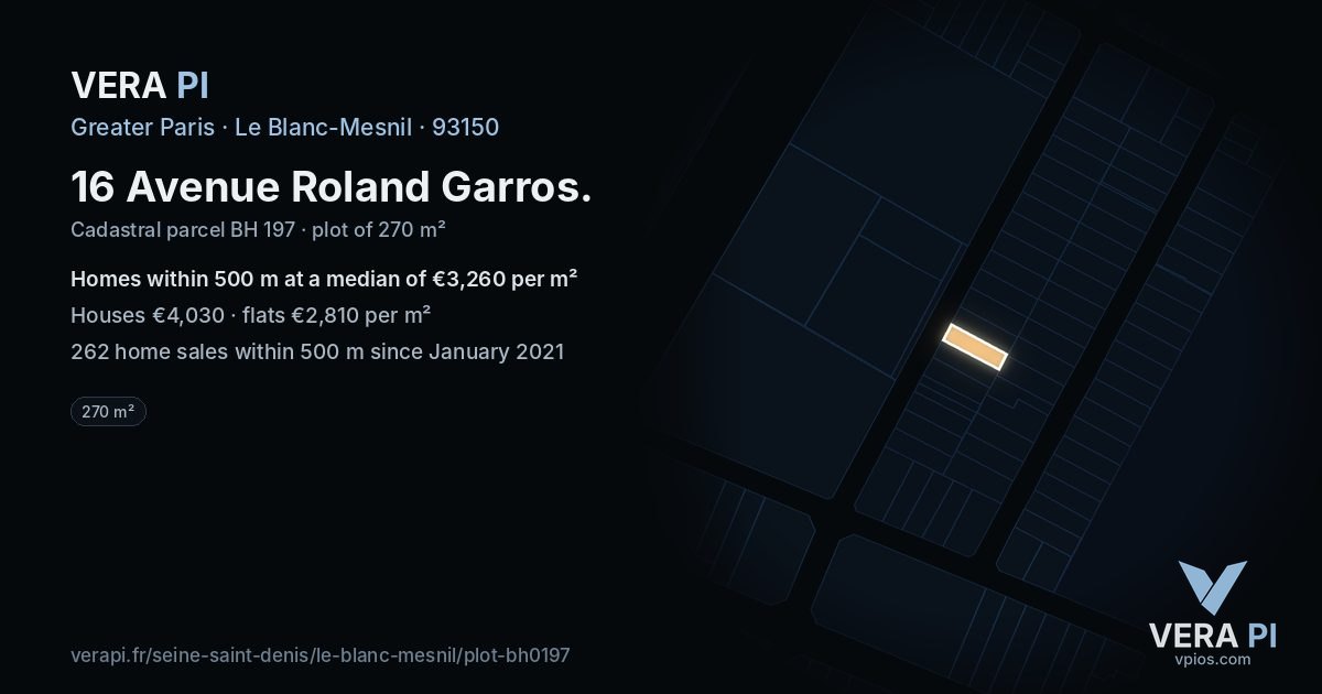 16 Avenue Roland Garros, Le Blanc-Mesnil at night – the plot lit, the parcels around coloured by the prices near them