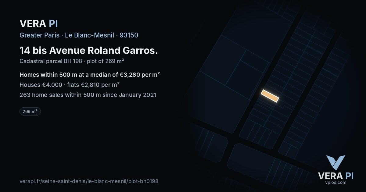 14 bis Avenue Roland Garros, Le Blanc-Mesnil at night – the plot lit, the parcels around coloured by the prices near them