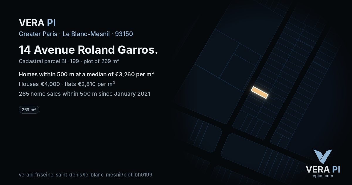 14 Avenue Roland Garros, Le Blanc-Mesnil at night – the plot lit, the parcels around coloured by the prices near them