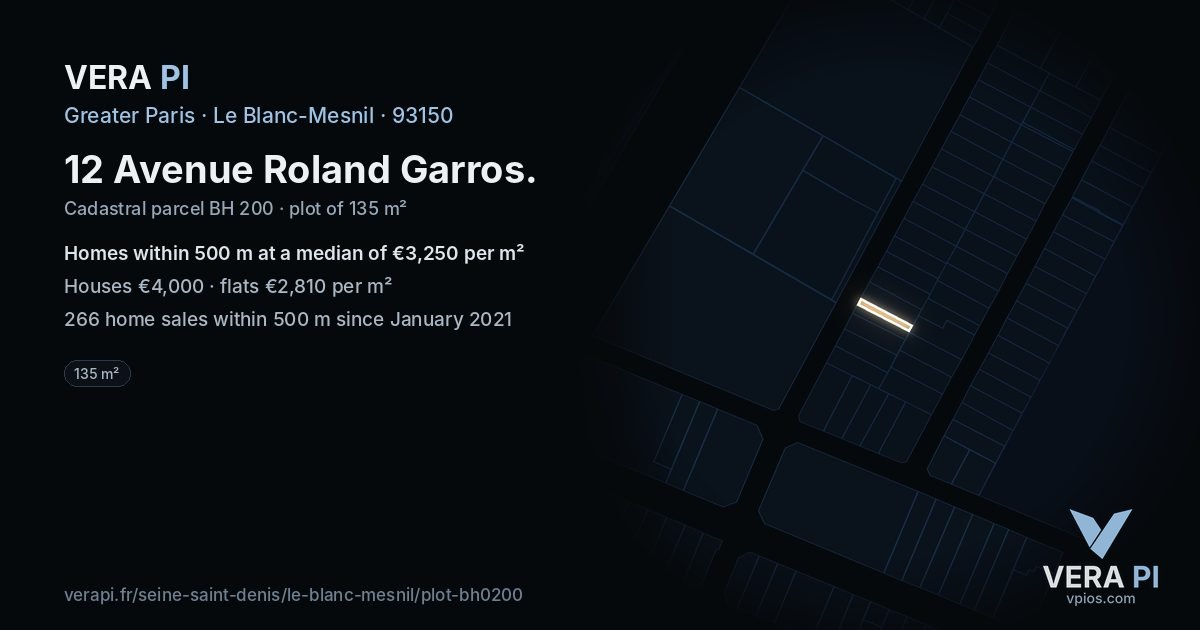 12 Avenue Roland Garros, Le Blanc-Mesnil at night – the plot lit, the parcels around coloured by the prices near them