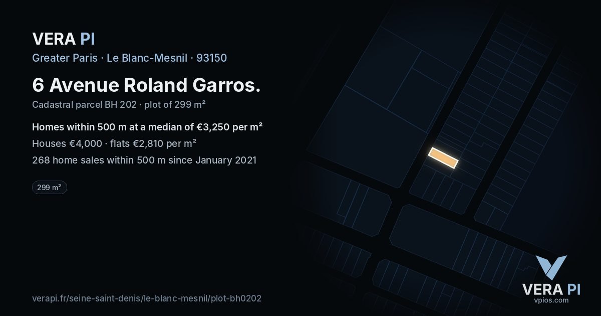 6 Avenue Roland Garros, Le Blanc-Mesnil at night – the plot lit, the parcels around coloured by the prices near them
