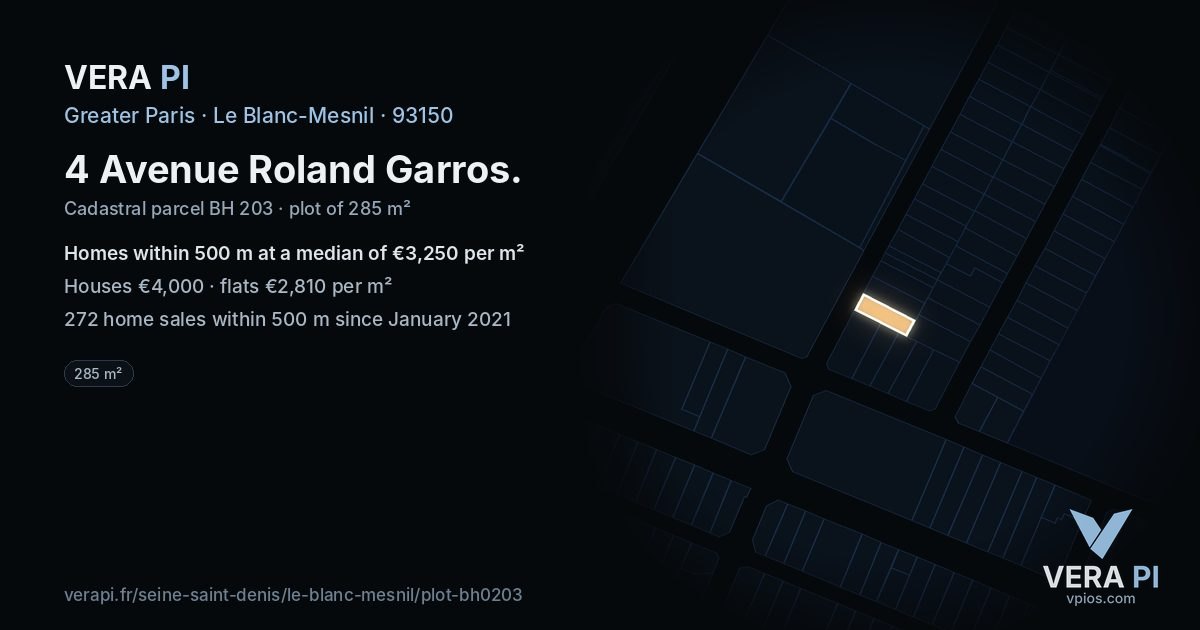 4 Avenue Roland Garros, Le Blanc-Mesnil at night – the plot lit, the parcels around coloured by the prices near them