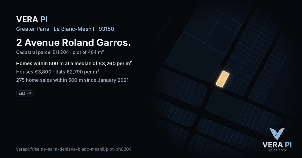 2 Avenue Roland Garros, Le Blanc-Mesnil at night – the plot lit, the parcels around coloured by the prices near them