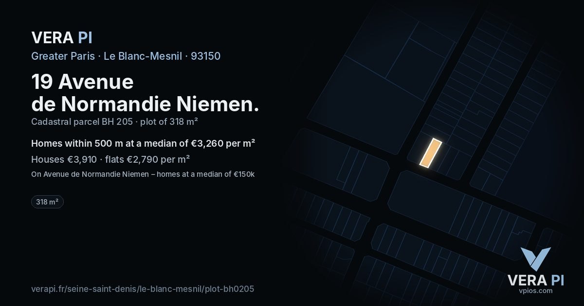 19 Avenue de Normandie Niemen, Le Blanc-Mesnil at night – the plot lit, the parcels around coloured by the prices near them