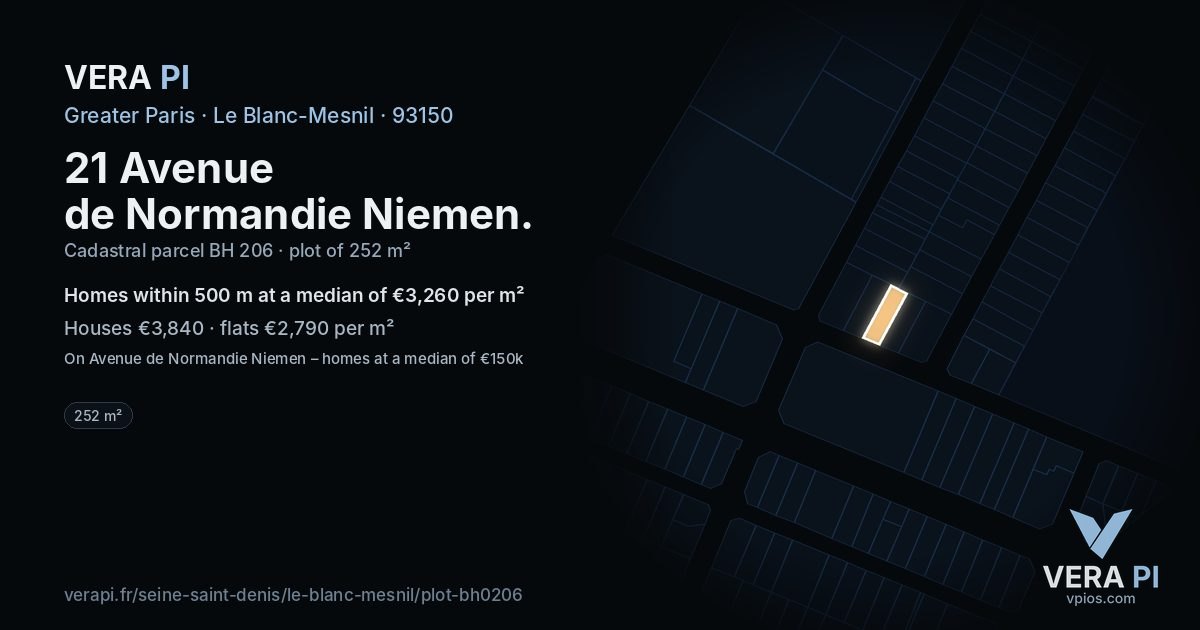 21 Avenue de Normandie Niemen, Le Blanc-Mesnil at night – the plot lit, the parcels around coloured by the prices near them