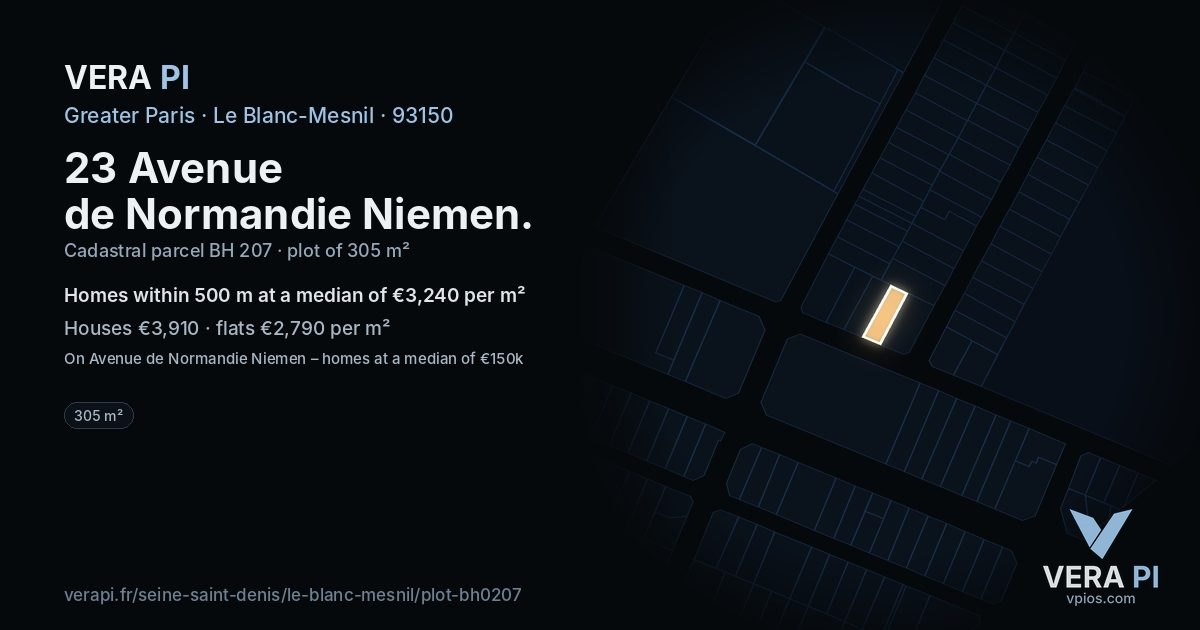 23 Avenue de Normandie Niemen, Le Blanc-Mesnil at night – the plot lit, the parcels around coloured by the prices near them