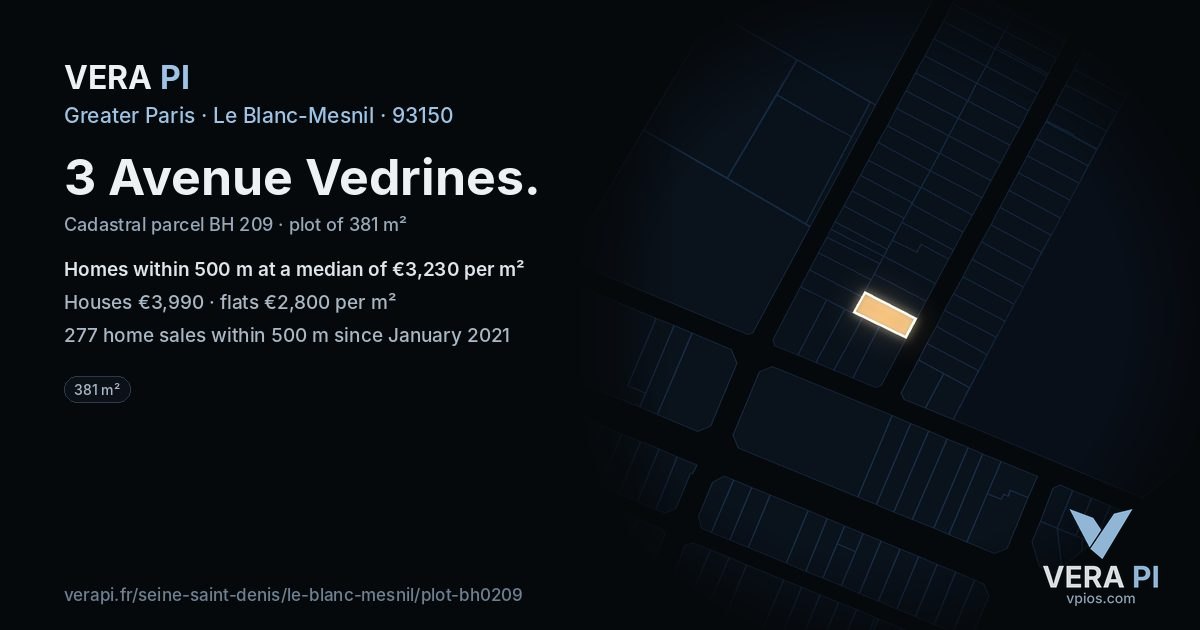 3 Avenue Vedrines, Le Blanc-Mesnil at night – the plot lit, the parcels around coloured by the prices near them