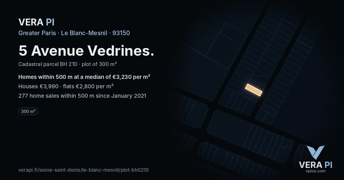 5 Avenue Vedrines, Le Blanc-Mesnil at night – the plot lit, the parcels around coloured by the prices near them