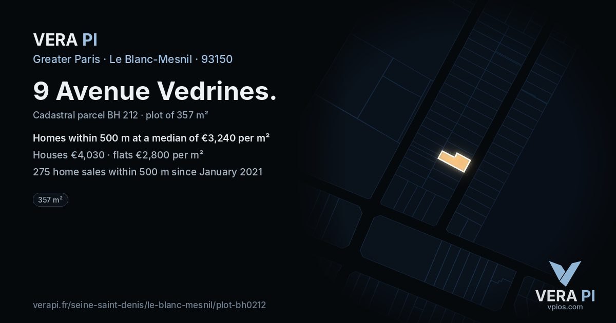 9 Avenue Vedrines, Le Blanc-Mesnil at night – the plot lit, the parcels around coloured by the prices near them
