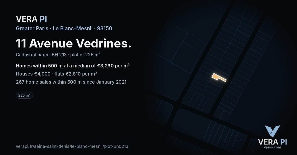 11 Avenue Vedrines, Le Blanc-Mesnil at night – the plot lit, the parcels around coloured by the prices near them