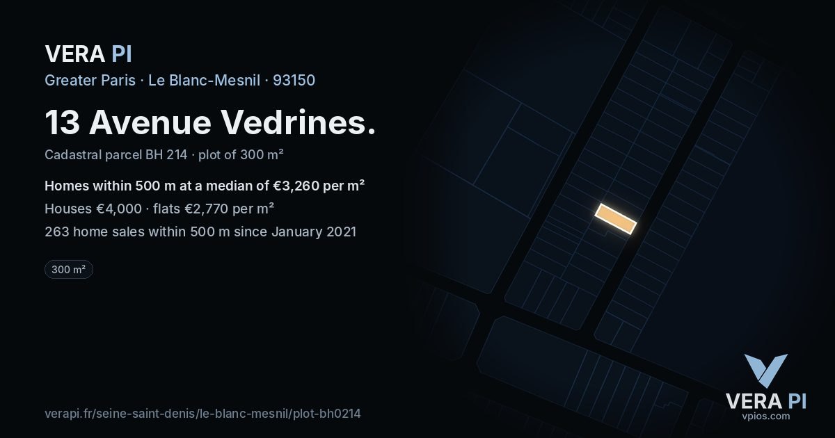 13 Avenue Vedrines, Le Blanc-Mesnil at night – the plot lit, the parcels around coloured by the prices near them