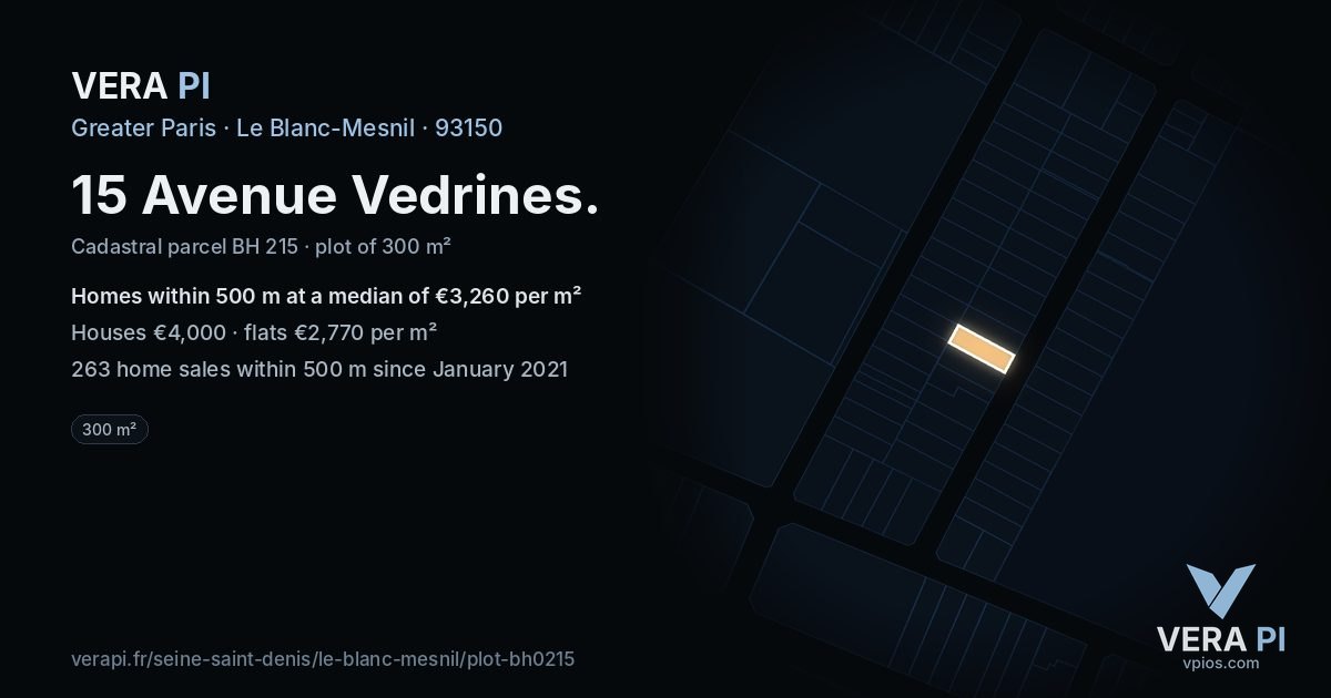 15 Avenue Vedrines, Le Blanc-Mesnil at night – the plot lit, the parcels around coloured by the prices near them