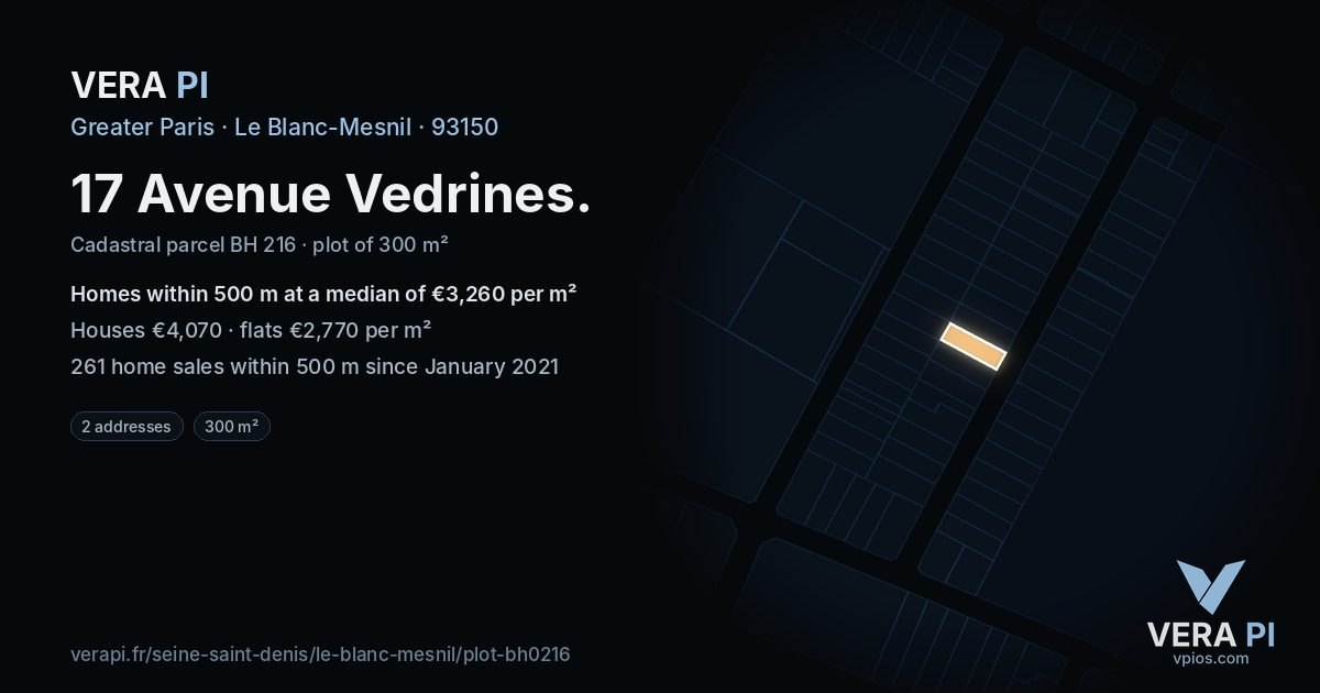 17 Avenue Vedrines, Le Blanc-Mesnil at night – the plot lit, the parcels around coloured by the prices near them