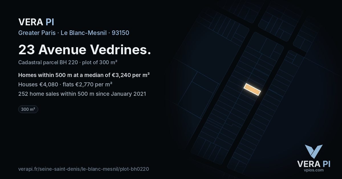 23 Avenue Vedrines, Le Blanc-Mesnil at night – the plot lit, the parcels around coloured by the prices near them