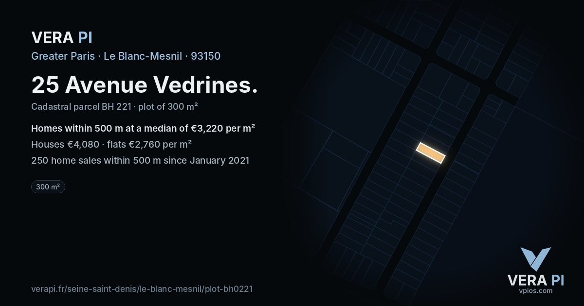 25 Avenue Vedrines, Le Blanc-Mesnil at night – the plot lit, the parcels around coloured by the prices near them