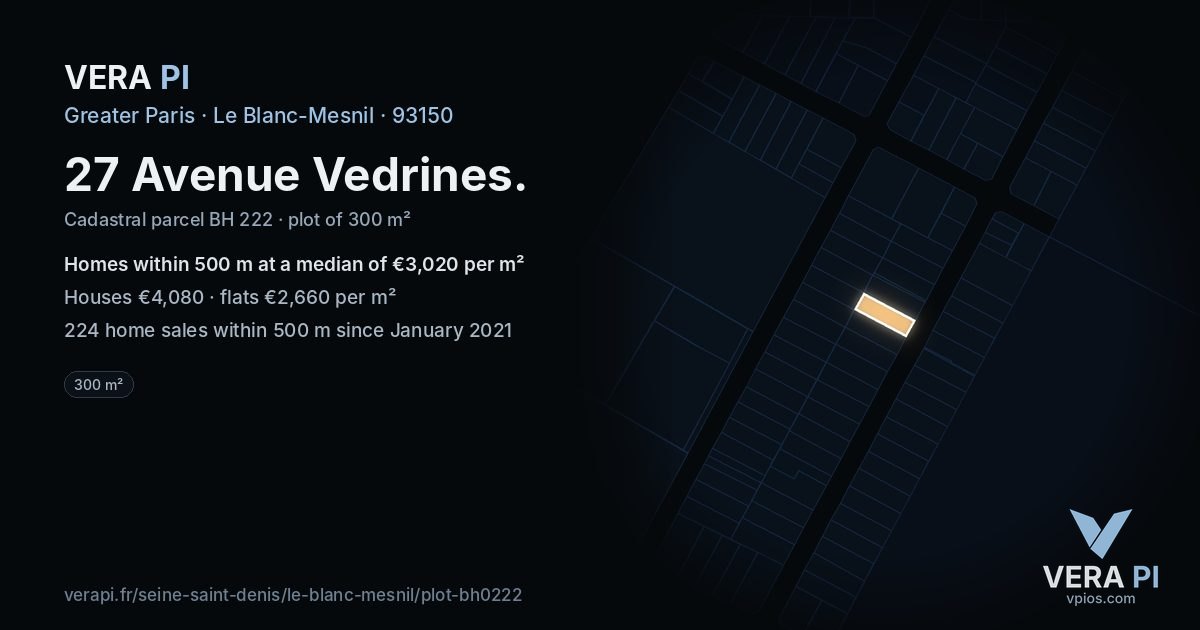 27 Avenue Vedrines, Le Blanc-Mesnil at night – the plot lit, the parcels around coloured by the prices near them